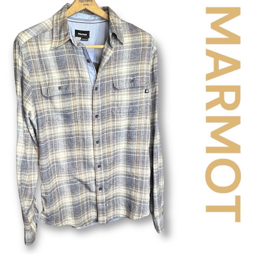 Men’s Marmot Plaid Flannel Medium Blue Tan Button Up Long Sleeve